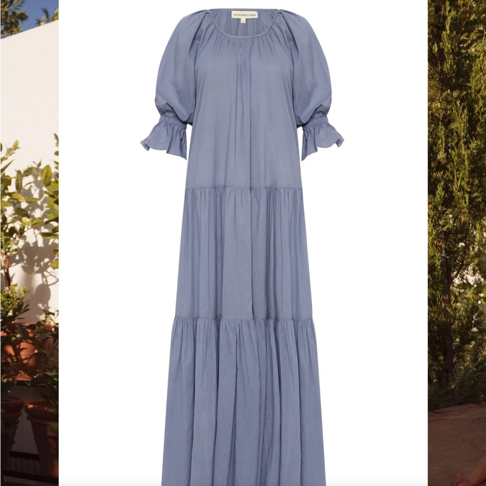 Daughters of India Blue Tiered Sundress with Bishop Sleeves